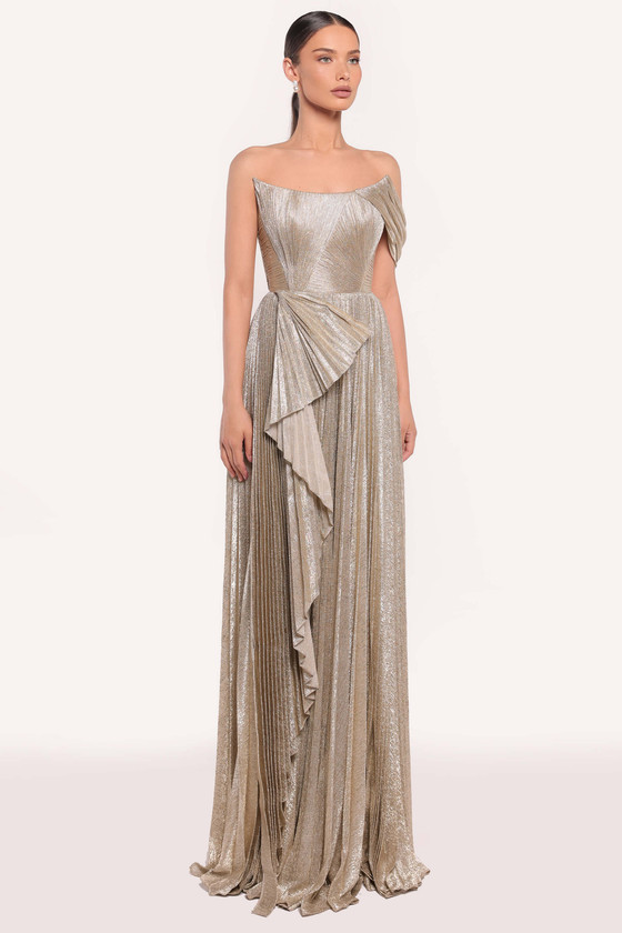 Front view of Tarik Ediz Bouch gold metallic chiffon gown