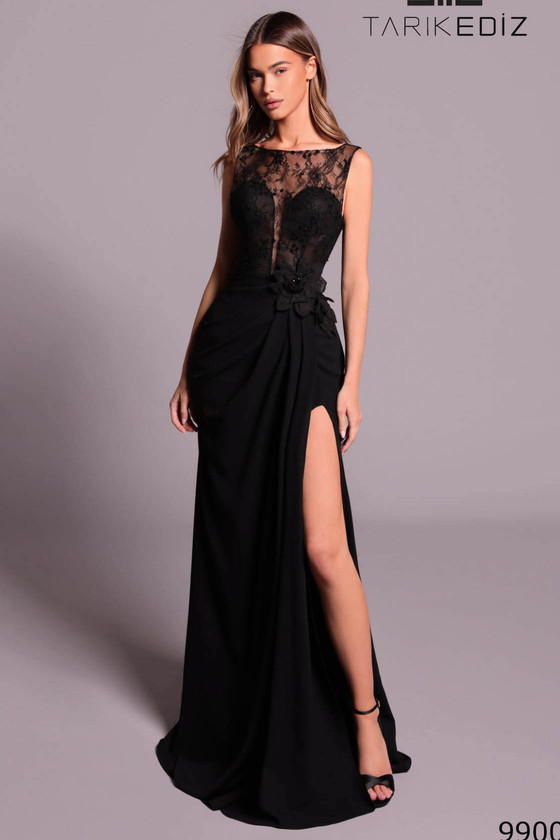 Front view of black Tarik Ediz Harriet lace mother gown