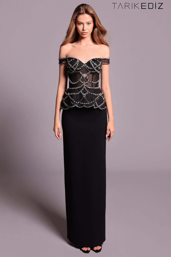 Front view of black Tarik Ediz Davi beaded mother gown