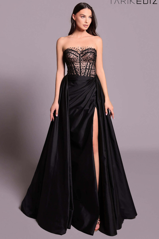 Front view of black nude Tarik Ediz Yana overskirt gown
