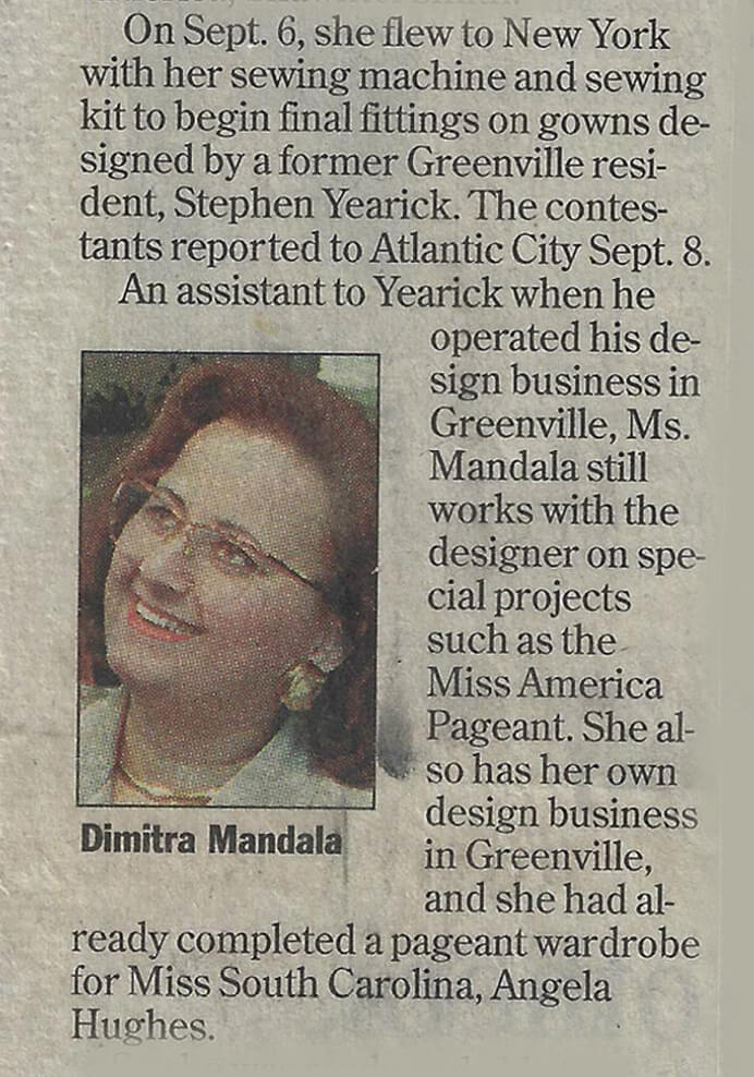 Newspaper article about Dimitra Mandalas working with Stephen Yearick on Miss America
