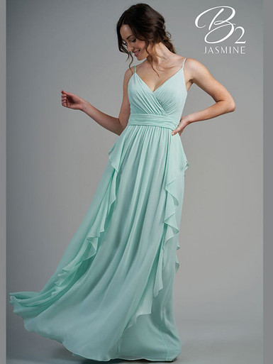 blue dress for baby girl Duntery Flutter Sleeve Square Neckline Chiffon Bridesmaid Dress with Slit, Sage main image 1