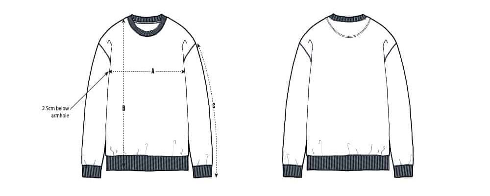 Sweater design template showing front and back views with measurement details