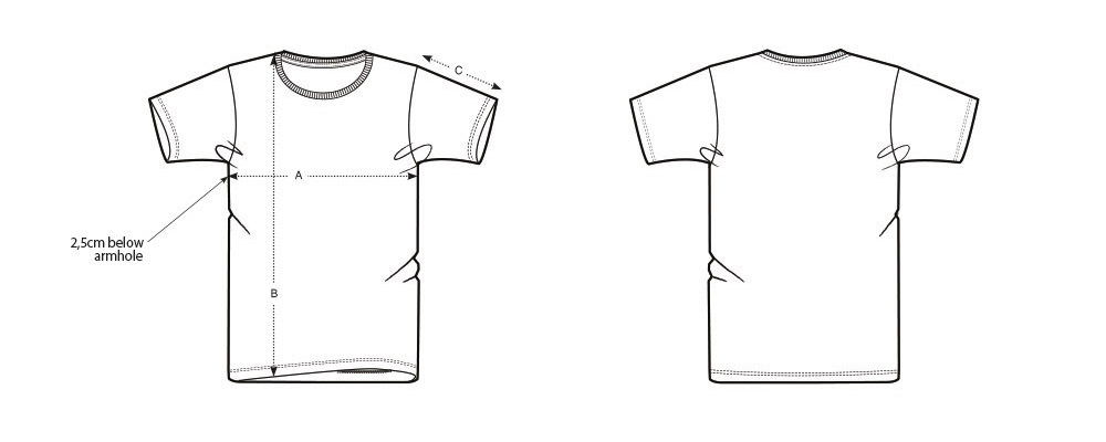 T-shirt design template showing front and back views with measurement details
