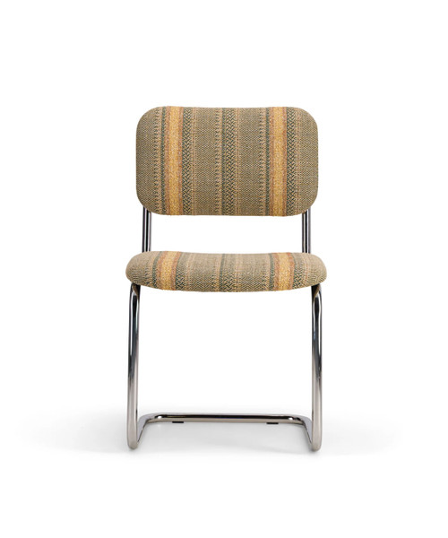 Beige and green with ochre stripes woven fabric and steel chair