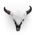 Bison skull wall hanging covered in white shadow fox fur with decorative black leather accents.