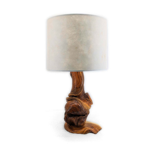Polished juniper lamp featuring a smooth, compactly twisted base with white handmade paper shade