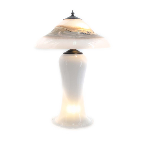 White handblown glass table lamp with swirling gray accents in the glass lampshade White handblown glass table lamp with swirling gray accents in the glass lampshade
