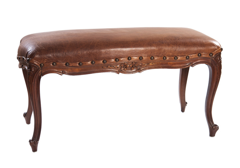 Antique Victorian Buffalo Leather Walnut Bench
