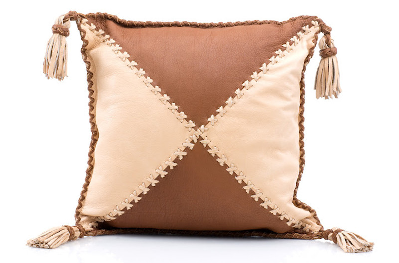 Cross Laced Whip Stitched Pillow - Brown/Sand