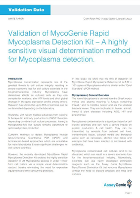 Validation of MycoGenie Rapid Mycoplasma Detection Kit - A highly sensitive visual determination method for Mycoplasma detection.