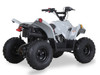 The image showcases the Syx Moto SY70, a sleek and rugged off-road motorcycle designed for young riders and adventure enthusiasts. The bike features a modern grey color scheme with upgraded plastics, a robust frame, and aggressive off-road tires. Key details include the 70cc engine, hydraulic disc brakes, and ergonomic design elements like the easy-reach brake levers and redesigned thumb throttle. The image highlights the bike's durability, performance, and user-friendly features, making it an ideal choice for off-road adventures.