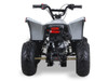 The image showcases the Syx Moto SY70, a sleek and rugged off-road motorcycle designed for young riders and adventure enthusiasts. The bike features a modern grey color scheme with upgraded plastics, a robust frame, and aggressive off-road tires. Key details include the 70cc engine, hydraulic disc brakes, and ergonomic design elements like the easy-reach brake levers and redesigned thumb throttle. The image highlights the bike's durability, performance, and user-friendly features, making it an ideal choice for off-road adventures.