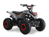 The image showcases the SYX Moto SY125 YX125 Engine ATV, a sleek and powerful youth ATV designed for off-road adventures. The ATV features a redesigned frame, upgraded plastics, and hydraulic disc brakes on both front and rear wheels. The YX125 air-cooled engine is prominently displayed, highlighting its electric start capability. The ATV sits on rugged 19x7-8 front tires and 18x9.5-8 rear off-road tires, ready to tackle any terrain. The image also highlights the adjustable suspension, grease fittings, and youth-friendly design elements such as easy-reach brake levers and a thumb throttle.