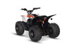 The image showcases the Kayo EA110 Electric Sport ATV, a sleek and modern off-road vehicle designed for young riders. The ATV features a robust frame, large off-road tires, and a comfortable seat. The front and rear hydraulic disc brakes, double A-arm front suspension, and adjustable rear shock are visible, highlighting the ATV's durability and performance. The electric motor and battery are seamlessly integrated into the design, emphasizing its eco-friendly and low-maintenance appeal. The image captures the ATV in action on a dirt trail, demonstrating its capability to handle various terrains with ease.