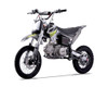 Thumpstar TSC 125 pit bike, highlighting its signature stealth plastics, wrap-around frame, and gripper striped seat. The bike is displayed in an action-ready stance, emphasizing its conventional front forks, rear mono shock, and front and rear disc brakes. The forged triple clamps and stator guard are subtly visible, underscoring the bike’s durability and safety features. The Mikuni VM22 carburetor and standard exhaust system are also highlighted, showcasing the bike’s performance enhancements.