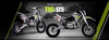 Thumpstar TSC 125 pit bike, highlighting its signature stealth plastics, wrap-around frame, and gripper striped seat. The bike is displayed in an action-ready stance, emphasizing its conventional front forks, rear mono shock, and front and rear disc brakes. The forged triple clamps and stator guard are subtly visible, underscoring the bike’s durability and safety features. The Mikuni VM22 carburetor and standard exhaust system are also highlighted, showcasing the bike’s performance enhancements.