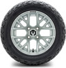MODZ® Matrix Silver 12" Golf Cart Wheels paired with X-Comp Gladiator (215/50-R12) DOT Steel-Belted Radial Tires. The wheels feature a sleek, silver finish with a modern design, complemented by chrome lug nuts and center caps. The tires are robust and treaded, designed for both street and turf use. The combo is professionally mounted and balanced, ready to enhance the performance and appearance of any lifted golf cart.