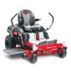 The image showcases the 2025 Toro TimeCutter 42" Fab Deck with MyRIDE Suspension, a zero-turn mower designed for residential lawn care. The mower features a sleek, durable design with a 42-inch IronForged® steel deck, a handcrafted high-back seat with armrests, and protective fenders. The MyRIDE® Suspension System is prominently highlighted, emphasizing its ability to provide a smooth, comfortable ride over rough terrain. The mower's compact size and commercial-grade engine make it ideal for properties up to 2 acres. The image also highlights the built-in cup holder and tool-less belt cover, showcasing the mower's user-friendly features.