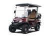 Tara Explorer 2+2 electric golf cart featuring lifted suspension, off-road silent tread tires, touchscreen with Apple CarPlay & Android Auto, 4 luxury imitation leather seats, built-in refrigerator, illuminated cuboid soundbar, LED lights, flip-flop rear seat with storage, and rugged outdoor-ready styling.