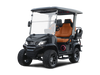 Tara Explorer 2+2 electric golf cart featuring lifted suspension, off-road silent tread tires, touchscreen with Apple CarPlay & Android Auto, 4 luxury imitation leather seats, built-in refrigerator, illuminated cuboid soundbar, LED lights, flip-flop rear seat with storage, and rugged outdoor-ready styling.