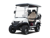 Tara Explorer 2+2 electric golf cart featuring lifted suspension, off-road silent tread tires, touchscreen with Apple CarPlay & Android Auto, 4 luxury imitation leather seats, built-in refrigerator, illuminated cuboid soundbar, LED lights, flip-flop rear seat with storage, and rugged outdoor-ready styling.