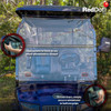 Clear DOT-certified folding windshield made from abrasion-resistant polycarbonate, mounted on an Evolution D5 Ranger/Maverick golf cart. The image shows the windshield in the upright position with clear visibility and robust bolt-on attachment, highlighting its road-legal design and durable, scratch-resistant finish.