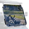 Tinted folding windshield mounted on an Evolution Forester golf cart, made from 1/4” thick acrylic with dual-pane design for glare reduction, weather protection, and adjustable airflow.