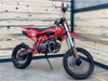 Denago MX3 Red Edition 140cc Pit Bike with bold red graphics, black powder-coated wheels, stainless steel exhaust, gold drive chain, and CNC anodized components for trail and off-road riding.