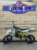 "The Denago MX3 Lime Edition pit bike features a 140cc engine with 4-speed transmission, hydraulic disc brakes, and adjustable suspension. Shown with vibrant lime green accents on CNC components, black powder-coated wheels, and aggressive knobby tires, this performance bike offers inverted forks, folding levers, and stainless exhaust. Perfect for serious trail riding with 14.5" ground clearance."