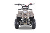 The image showcases the Tao Moto Boulder 110cc Youth ATV in a dynamic off-road setting, highlighting its sleek new camo design with a cream-colored frame and dark brown seat. The ATV features color-matched components, including the powder-coated frame, hand grips, timing plug set, oil dipstick, and aluminum fuel cap. The high-performance red ignition coil wire and rear brake caliper add a sporty touch, while the durable metal swing arm skid plate ensures protection during rugged rides. The image captures the essence of adventure, safety, and style, making it an ideal choice for young riders.