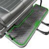 The image showcases the Evolution Rear Facing Foot Rest Mat installed on a golf cart’s rear footrest. The mat’s custom-fit design and reinforced color trim are highlighted, emphasizing its durability and aesthetic appeal. The textured surface is visible, showcasing its grip traction feature. The image also includes the installation pins and drill bit, illustrating the easy installation process. The mat is shown on a D5 2+2 model, demonstrating its perfect fit and seamless integration with the vehicle.