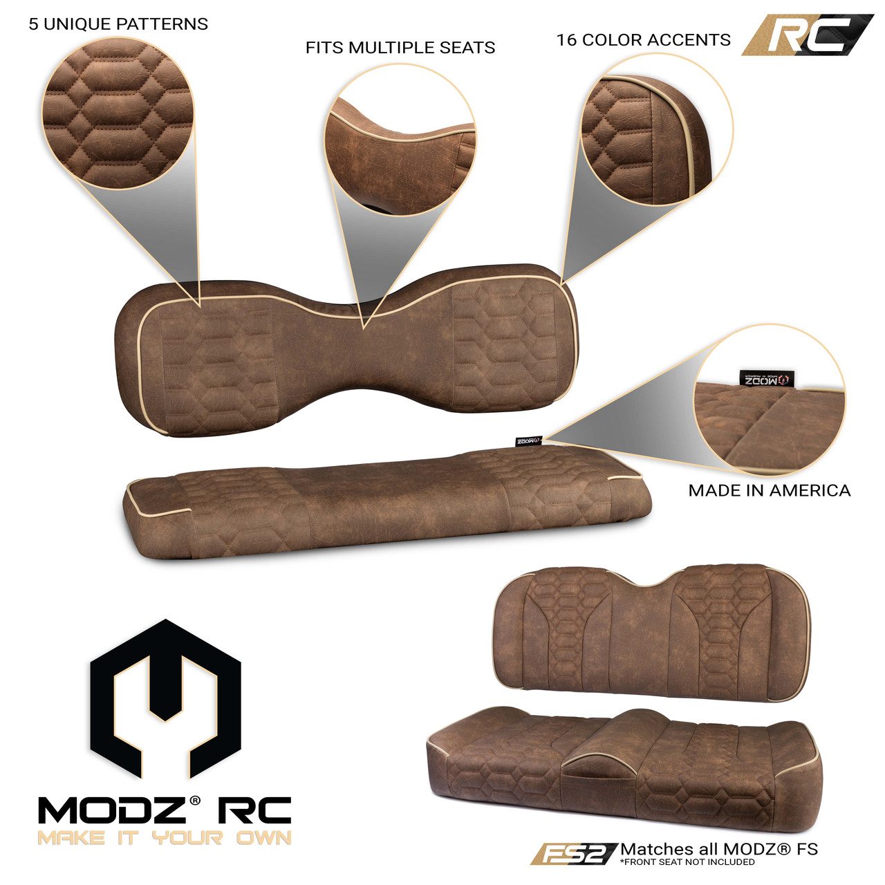 MODZ RC Custom Rear Seat Covers - Brown Base - Choose Pattern and Accent Colors