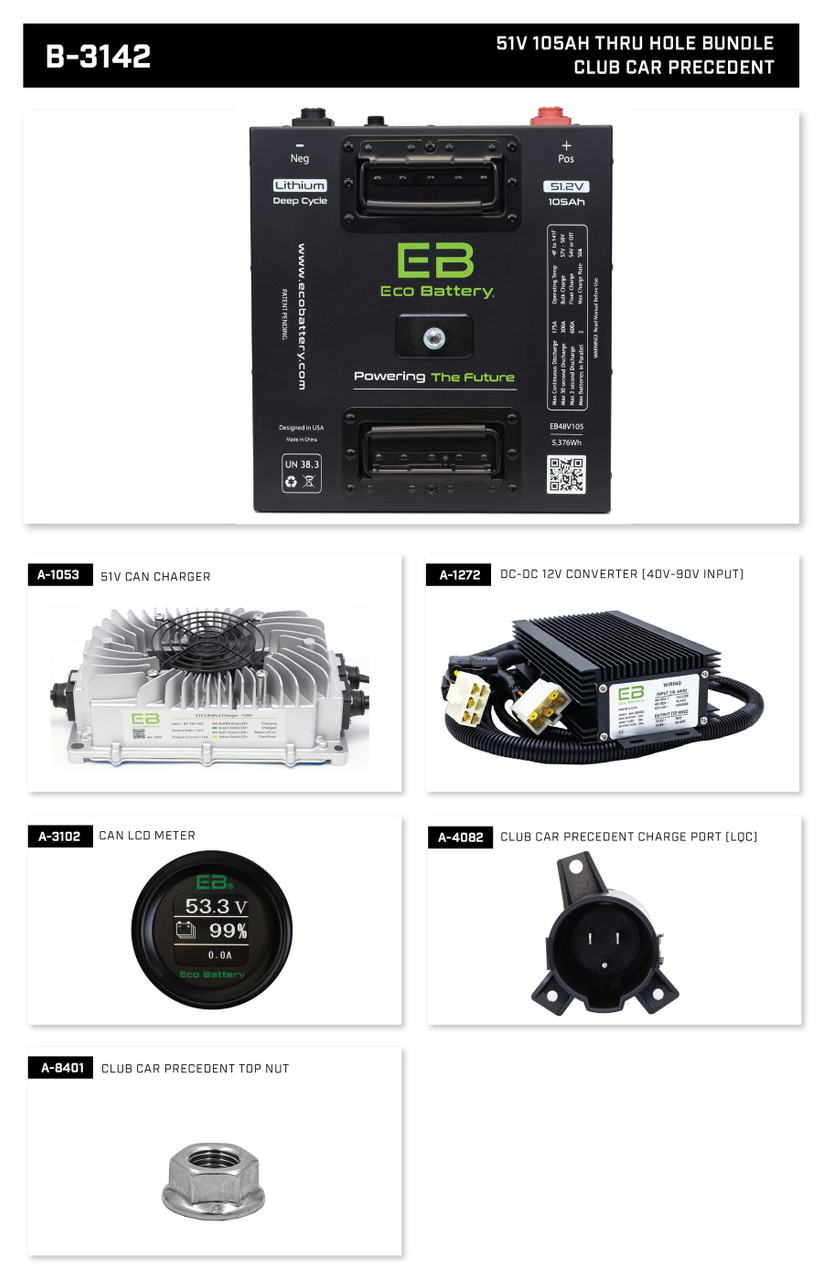 Eco Lithium Battery Complete Bundle for Club Car Precedent (09+)/Onward/Tempo 51V 105Ah - Thru Hole