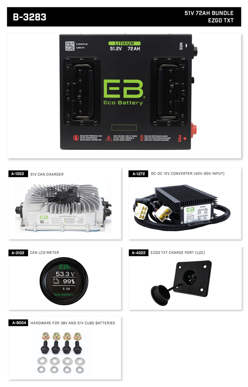 Eco Lithium Battery Complete Bundle for EZGO TXT 51V 72Ah - Cube