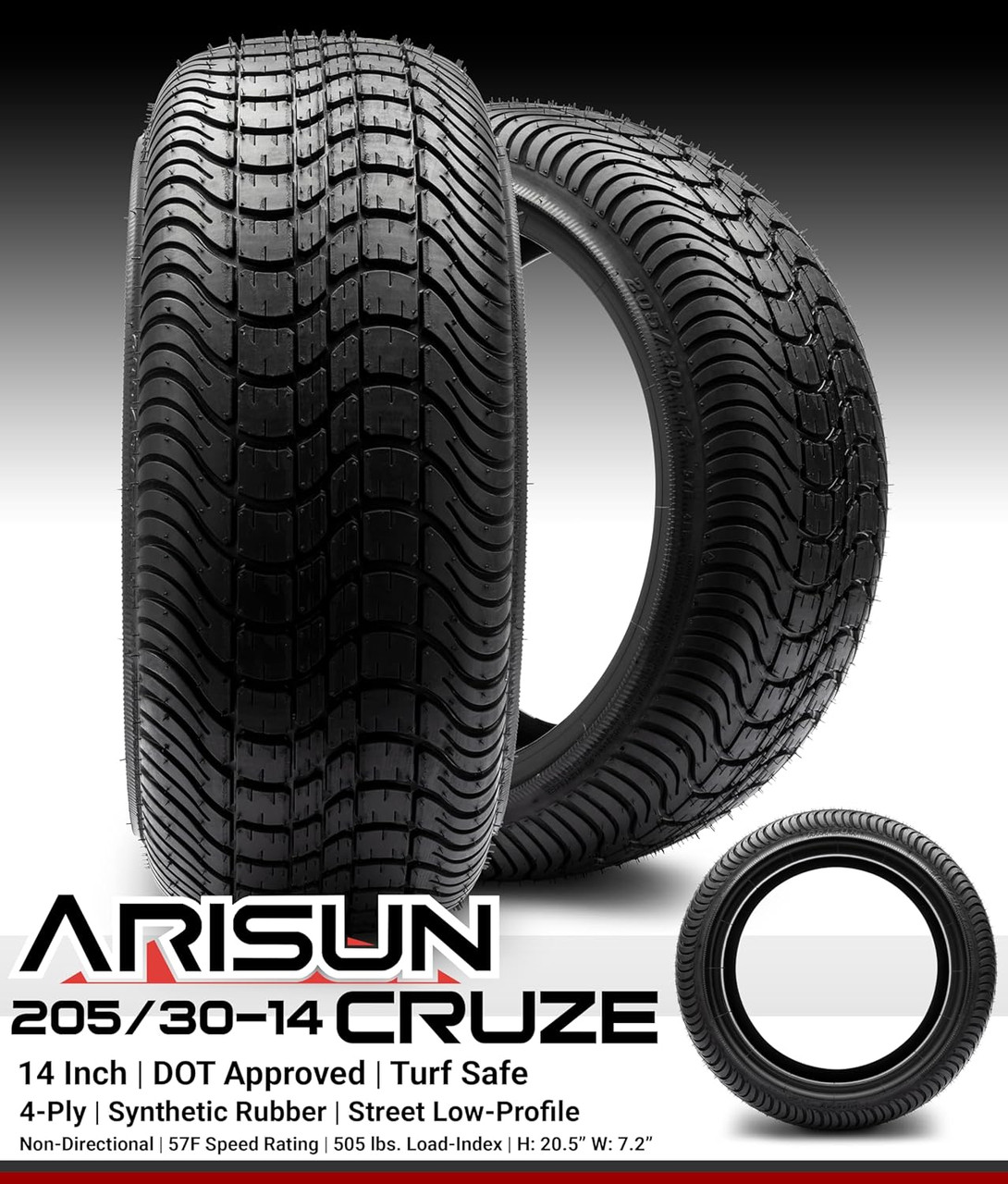 MODZ® Carnage Brushed Red Ball Mill 14" Golf Cart Wheels and Arisun Cruze (205/30-14) Low Profile DOT Golf Cart Tires Combo - Set of 4
