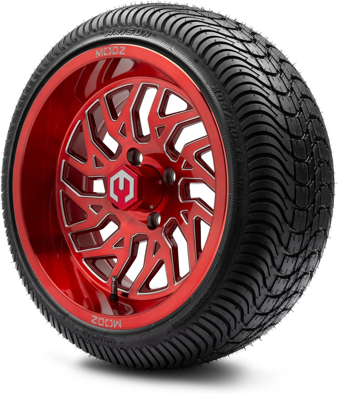 MODZ® Carnage Brushed Red Ball Mill 14" Golf Cart Wheels and Arisun Cruze (205/30-14) Low Profile DOT Golf Cart Tires Combo - Set of 4