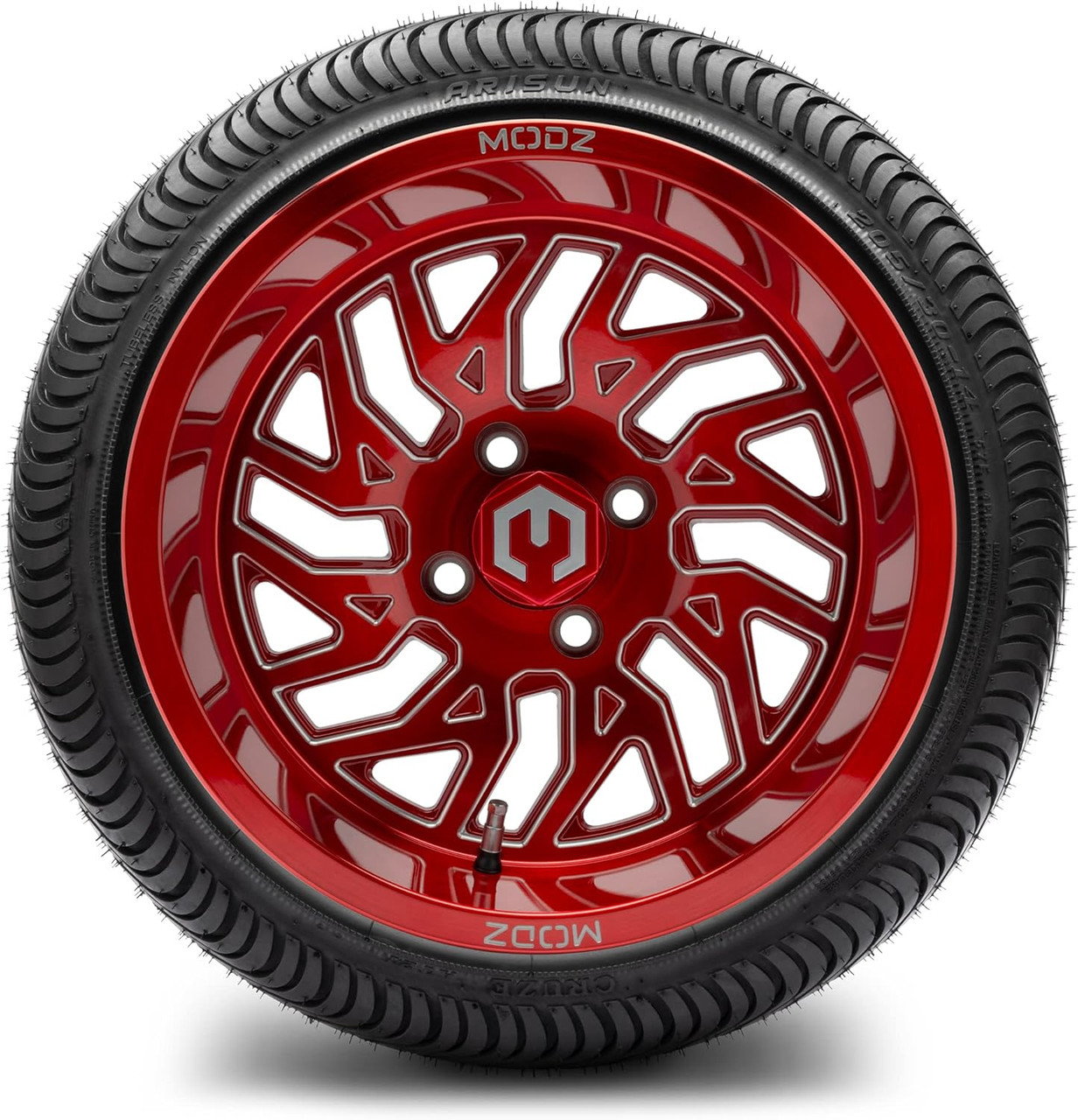 MODZ® Carnage Brushed Red Ball Mill 14" Golf Cart Wheels and Arisun Cruze (205/30-14) Low Profile DOT Golf Cart Tires Combo - Set of 4