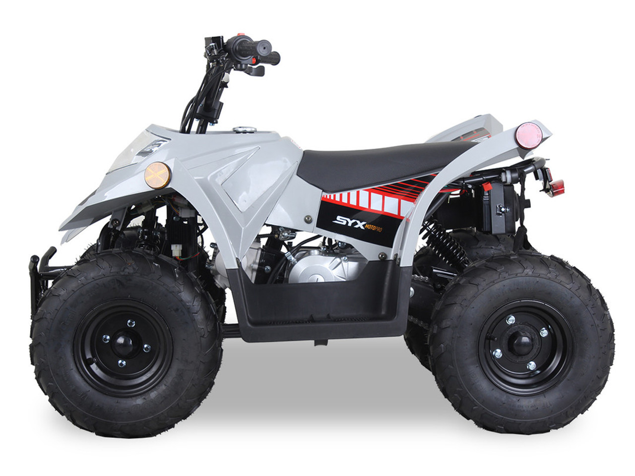 The image showcases the Syx Moto SY70, a sleek and rugged off-road motorcycle designed for young riders and adventure enthusiasts. The bike features a modern grey color scheme with upgraded plastics, a robust frame, and aggressive off-road tires. Key details include the 70cc engine, hydraulic disc brakes, and ergonomic design elements like the easy-reach brake levers and redesigned thumb throttle. The image highlights the bike's durability, performance, and user-friendly features, making it an ideal choice for off-road adventures.