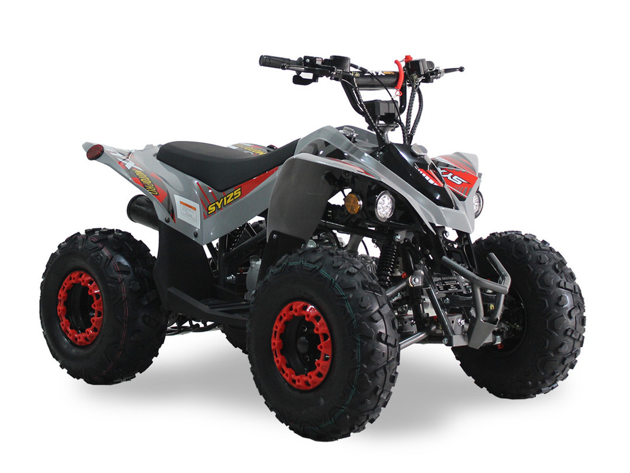 The image showcases the SYX Moto SY125 YX125 Engine ATV, a sleek and powerful youth ATV designed for off-road adventures. The ATV features a redesigned frame, upgraded plastics, and hydraulic disc brakes on both front and rear wheels. The YX125 air-cooled engine is prominently displayed, highlighting its electric start capability. The ATV sits on rugged 19x7-8 front tires and 18x9.5-8 rear off-road tires, ready to tackle any terrain. The image also highlights the adjustable suspension, grease fittings, and youth-friendly design elements such as easy-reach brake levers and a thumb throttle.