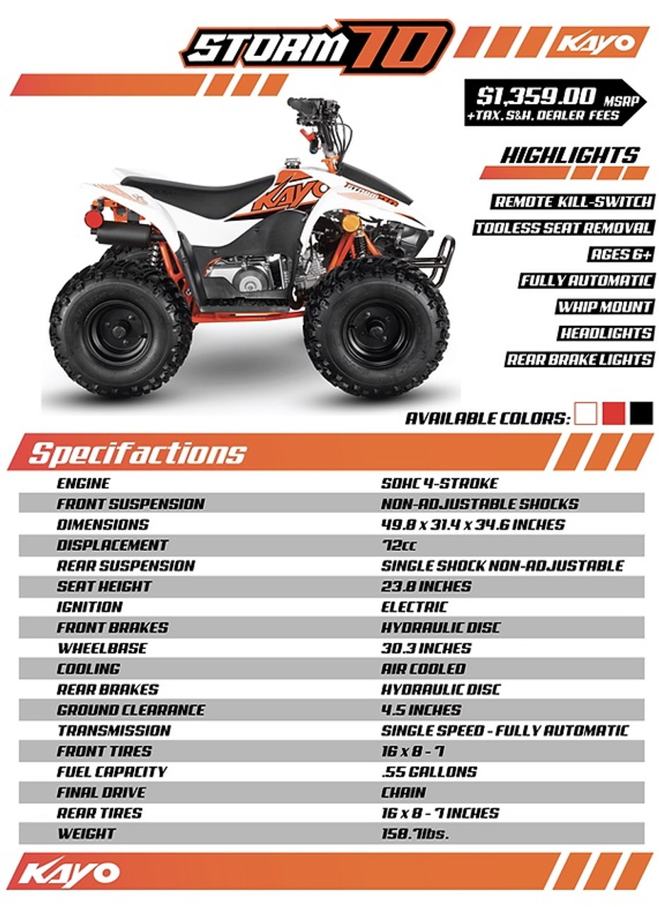 The image showcases the Kayo Storm 70, a compact and stylish youth ATV designed for riders aged 6 and above. The ATV features a sleek white body with bold branding, highlighting its modern design. The image captures the ATV’s sturdy frame, robust tires, and ergonomic seat, emphasizing its suitability for young riders. The front and rear hydraulic disc brakes, as well as the non-adjustable suspension system, are visible, showcasing the ATV’s focus on safety and performance. The electric ignition system and air-cooled engine are also highlighted, making it clear that this ATV is built for ease of use and reliability. The image is set against a natural backdrop, suggesting the ATV’s capability to handle off-road adventures.