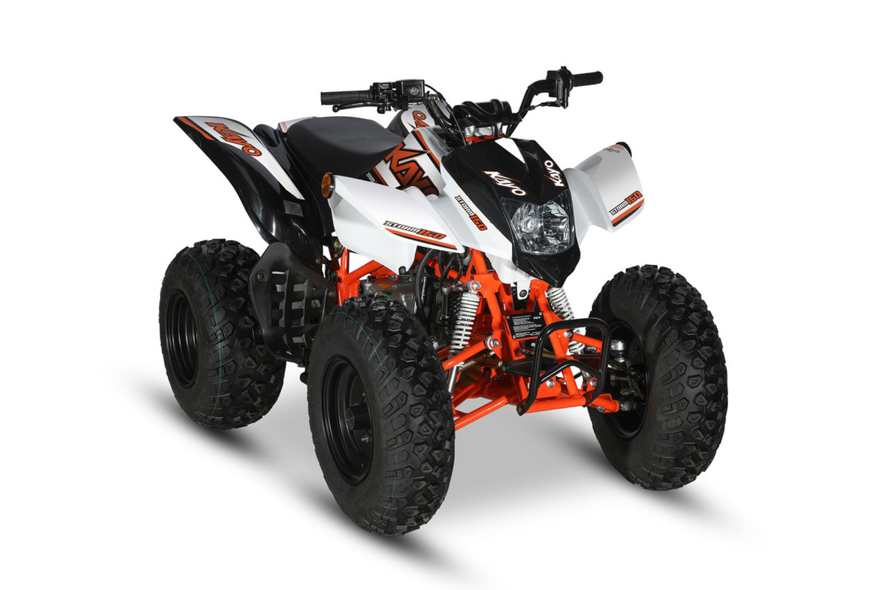 The image showcases the Kayo Storm 150 EFI ATV, a rugged and stylish all-terrain vehicle designed for off-road adventures. The ATV features a sleek black and red color scheme, with aggressive front tires, a double A-arm suspension system, and a sturdy frame. The image highlights the ATV's compact design, hydraulic disc brakes, and comfortable seat, making it an ideal choice for riders seeking performance and reliability on challenging terrains.
