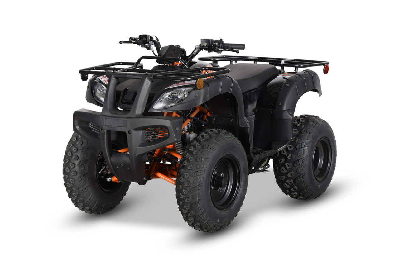 The image showcases the Kayo Bull 150 EFI ATV, a rugged and stylish all-terrain vehicle designed for off-road adventures. The ATV features a bold color scheme, aggressive front tires, a double A-arm suspension system, and a sturdy frame. The image highlights the ATV's compact yet powerful design, hydraulic disc brakes, and comfortable seat, making it an ideal choice for riders seeking performance and reliability on challenging terrains.