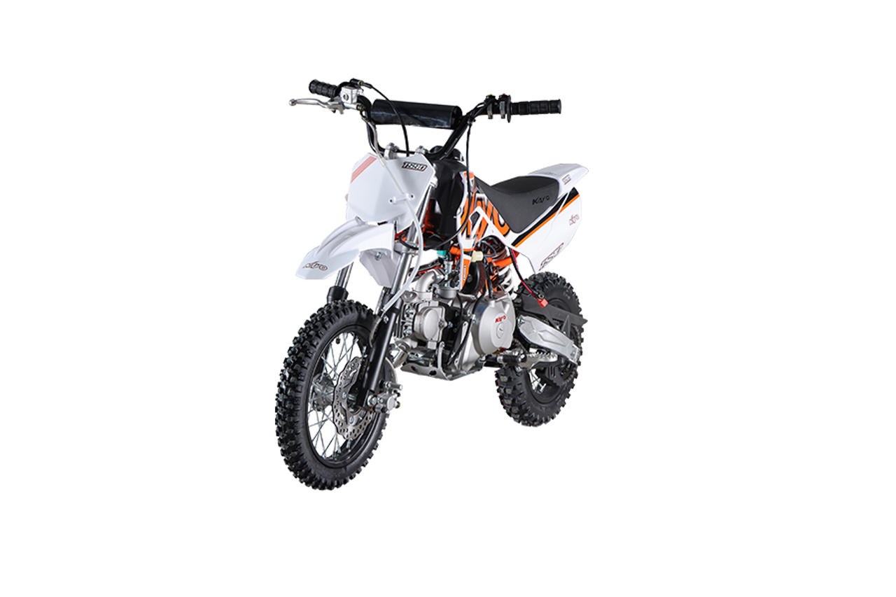 The image showcases the Kayo TS90 90cc Pit Bike, a sleek and agile off-road machine designed for riders of all skill levels. The bike features a compact and lightweight design with a 24.6-inch seat height, making it accessible to a wide range of riders. The 86cc 4-stroke engine and electric/kick start system are highlighted, emphasizing the bike's ease of use and reliability. The front and rear disc brakes are visible, showcasing the bike's safety features. The 12-inch front tire and 10-inch rear tire provide excellent traction and stability, while the conventional front forks and single rear shock ensure a smooth and comfortable ride. The low tack seat cover adds comfort and grip, and the 7-inch ground clearance allows the bike to tackle rough terrains with ease. Overall, the image captures the essence of a versatile, high-performing, and fun pit bike ready for any off-road adventure.