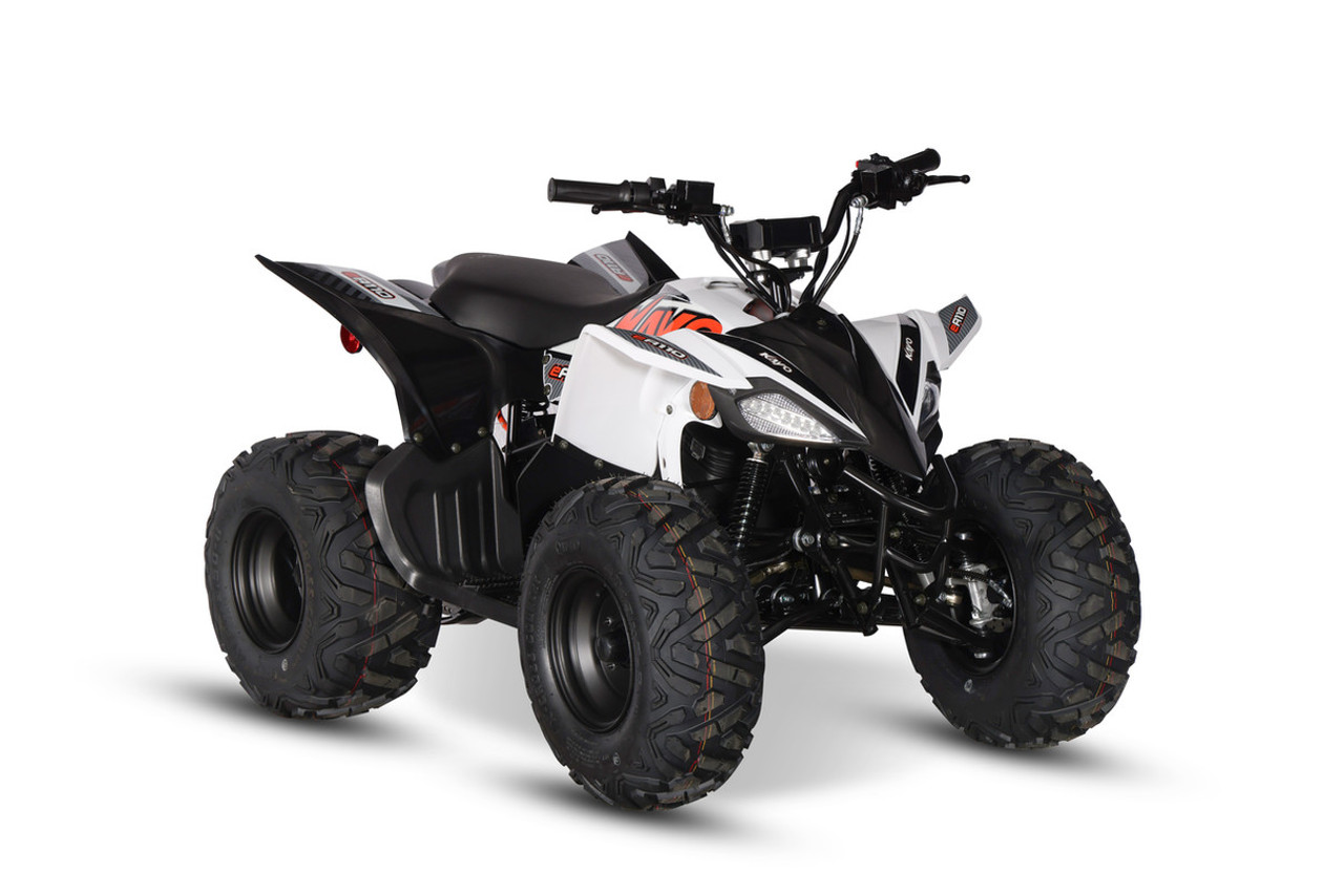 The image showcases the Kayo EA110 Electric Sport ATV, a sleek and modern off-road vehicle designed for young riders. The ATV features a robust frame, large off-road tires, and a comfortable seat. The front and rear hydraulic disc brakes, double A-arm front suspension, and adjustable rear shock are visible, highlighting the ATV's durability and performance. The electric motor and battery are seamlessly integrated into the design, emphasizing its eco-friendly and low-maintenance appeal. The image captures the ATV in action on a dirt trail, demonstrating its capability to handle various terrains with ease.