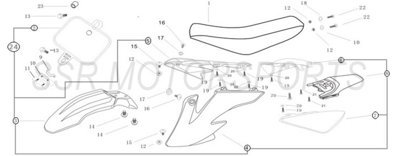 RIGHT FUEL TANK SHROUD (GREEN) (17 & OLDER) Fits SSR SR70C, SR70AUTO, SR110, SR125