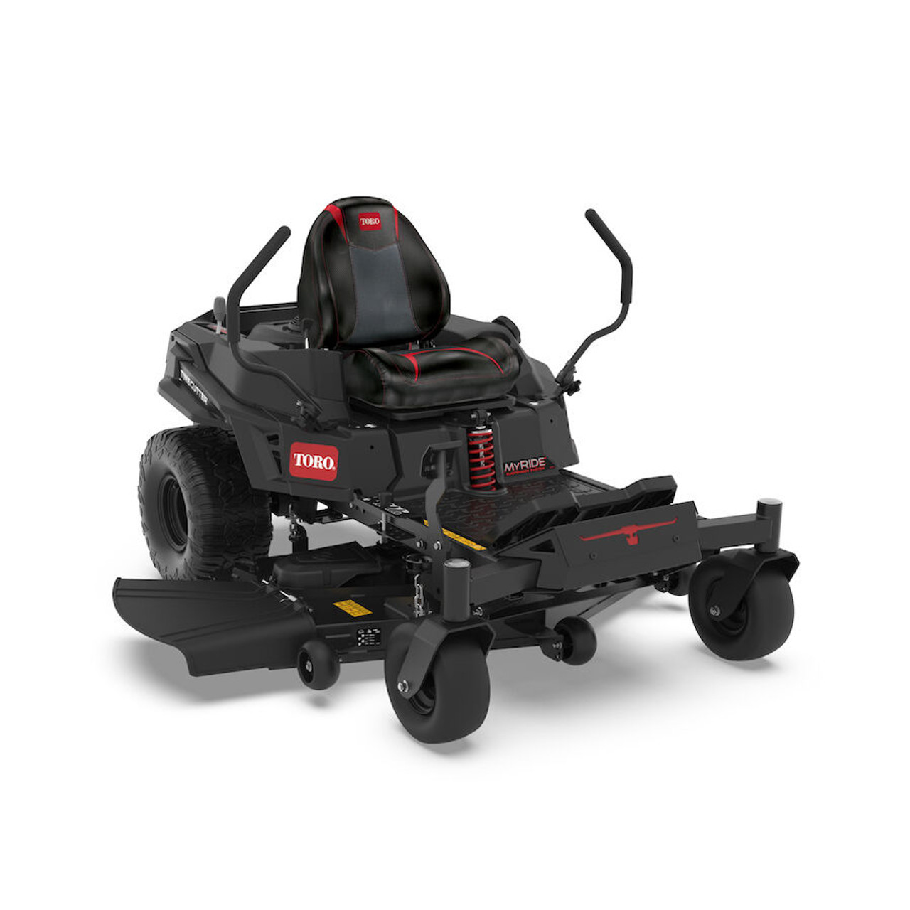 2025 Toro 54" TimeCutter® Max Havoc MyRide® Zero Turn Mower (77507) showcasing its rugged design and advanced features. The mower is depicted on a lush green lawn, highlighting its professional-grade performance for residential use. Key details visible in the image include:

IronForged® Deck: The heavy-duty 10-gauge steel deck is prominently displayed, emphasizing its durability and ability to handle tough mowing conditions.

MyRIDE® Suspension System: The isolated suspension system is shown with its large spring coil, illustrating its back-saving comfort and smooth ride on uneven terrain.

Hybrid-Tread Rear Tires: The beefy, hybrid-tread tires are clearly visible, showcasing their ability to provide maximum traction without damaging the turf.

Spray Blocking Fenders: The fenders are highlighted, demonstrating their role in preventing tire spray from reaching the operator or engine.

Automotive-Style Fuel Fill: The spill-resistant fuel fill cap is shown, emphasizing convenience and ease of use.

Ergonomic Design: The 19-inch gaming-style seat and twin-lever steering controls are visible, highlighting the mower's operator comfort and ease of control.

Aggressive Styling: The mower's bold paint job and sleek design are on full display, conveying a sense of power and professionalism.