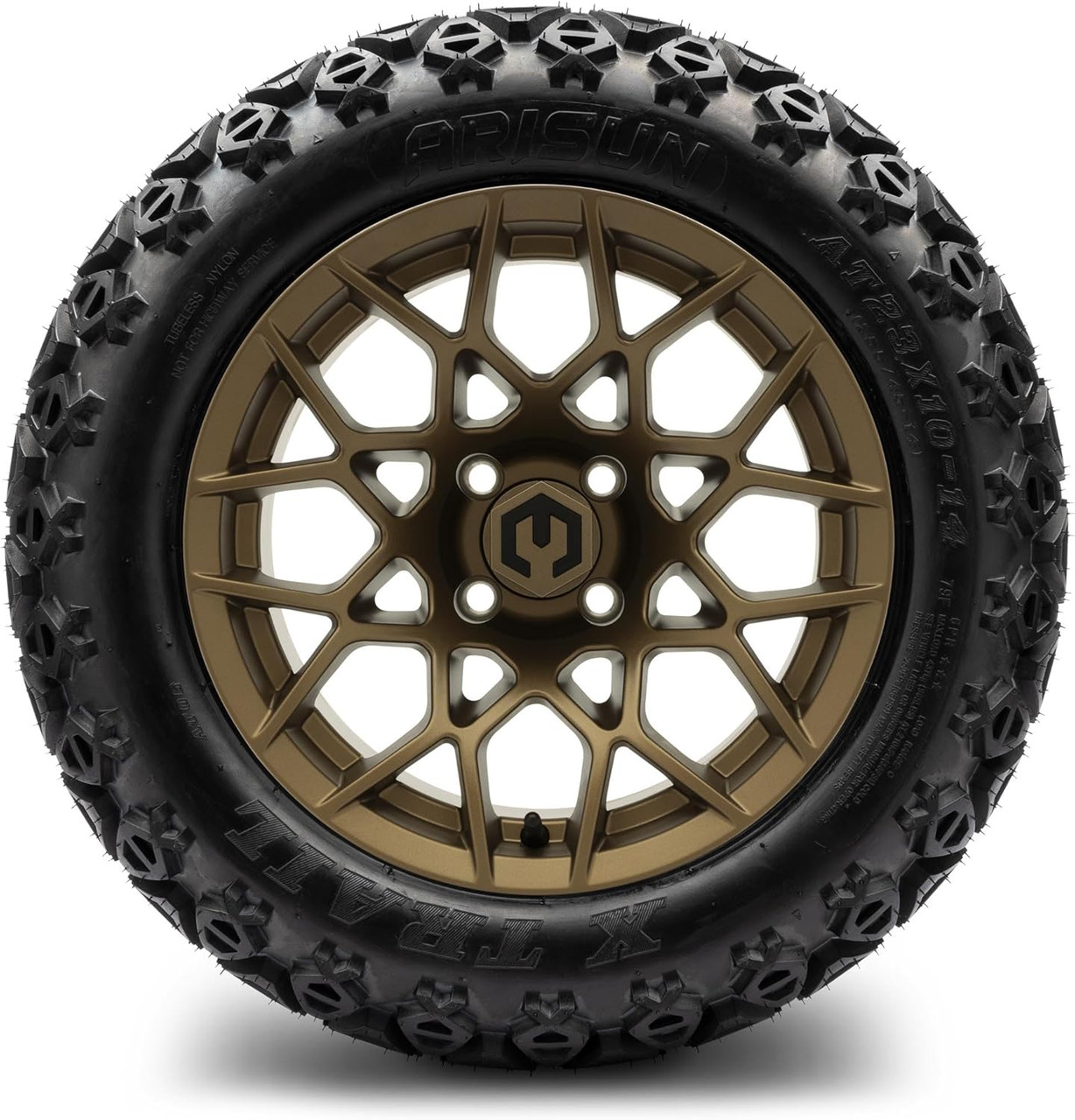 MODZ® Blitz Matte Bronze 14" Golf Cart Wheels and Arisun X-Trail (23x10-14) DOT All-Terrain Golf Cart Tires Combo - Set of 4