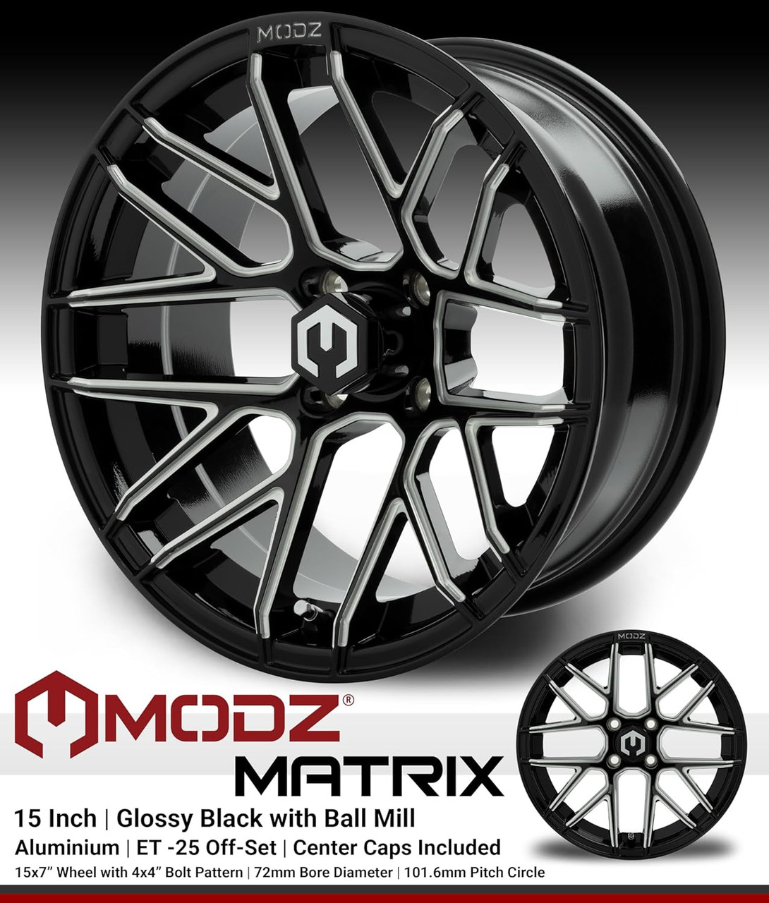 MODZ® Matrix Glossy Black with Ball Mill 15" Golf Cart Wheel