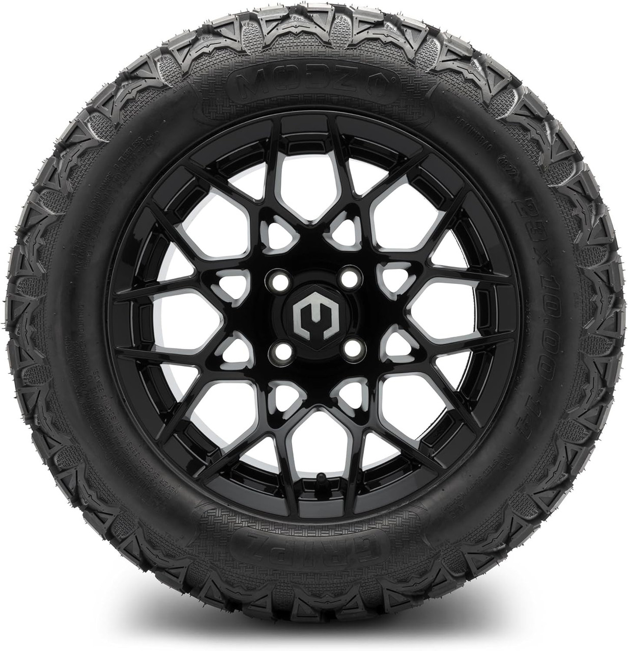 MODZ® Blitz Glossy Black 14" Golf Cart Wheels and MODZ® Gripz (23x10-14) All-Terrain Golf Cart Tires Combo - Set of 4
